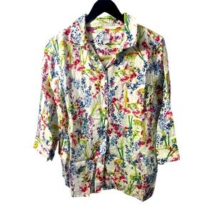 Women’s Chico’s 100% Linen Blouse 3/4 Sleeve Shirt Floral Sz 3 XL Gardencore